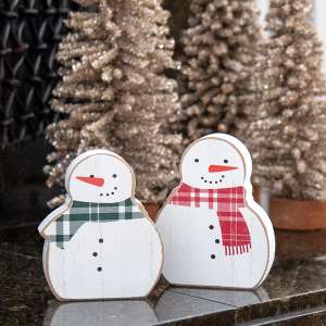 Red & Green Scarf Wooden Snowman Sitters, 2/Set 37947