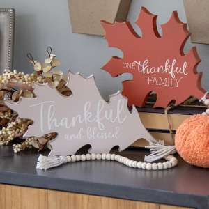 Thankful and Blessed Beige Wooden Leaf Sitter w/Beads 38061