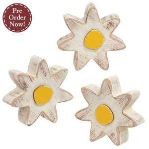 3 Set - Distressed Chunky Wooden White Daisy Sitters #38213