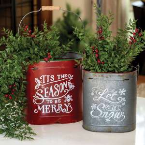 Tis the Season & Let It Snow Distressed Oval Metal Buckets, 2/Set 65361