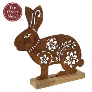 Rusty Metal Flower & Vine Cutout Bunny on Wooden Base 70188