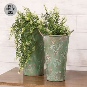 Green Copper Finish Butterfly Embossed French Buckets - 2/Set 70193