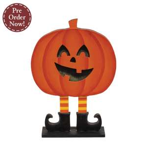 Wooden Smiling Jack O Lantern In Boots on Base - 7.25"H #38713