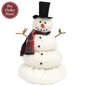 White Sherpa Melting Snowman with Top Hat & Plaid Scarf - 12"H #CW4055