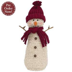 Stuffed Standing Jingle Bell Snowman with Burgundy Hat & Scarf - 14"H #JL24024