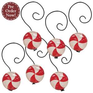 6 Set - Wood & Glass Marble Peppermint Ornaments #38850