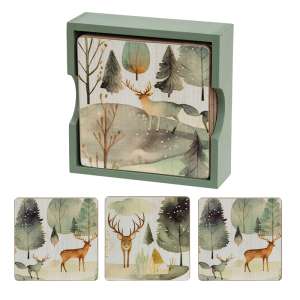 5/Set - Woodland Forest Watercolor Coasters & Holder #38702